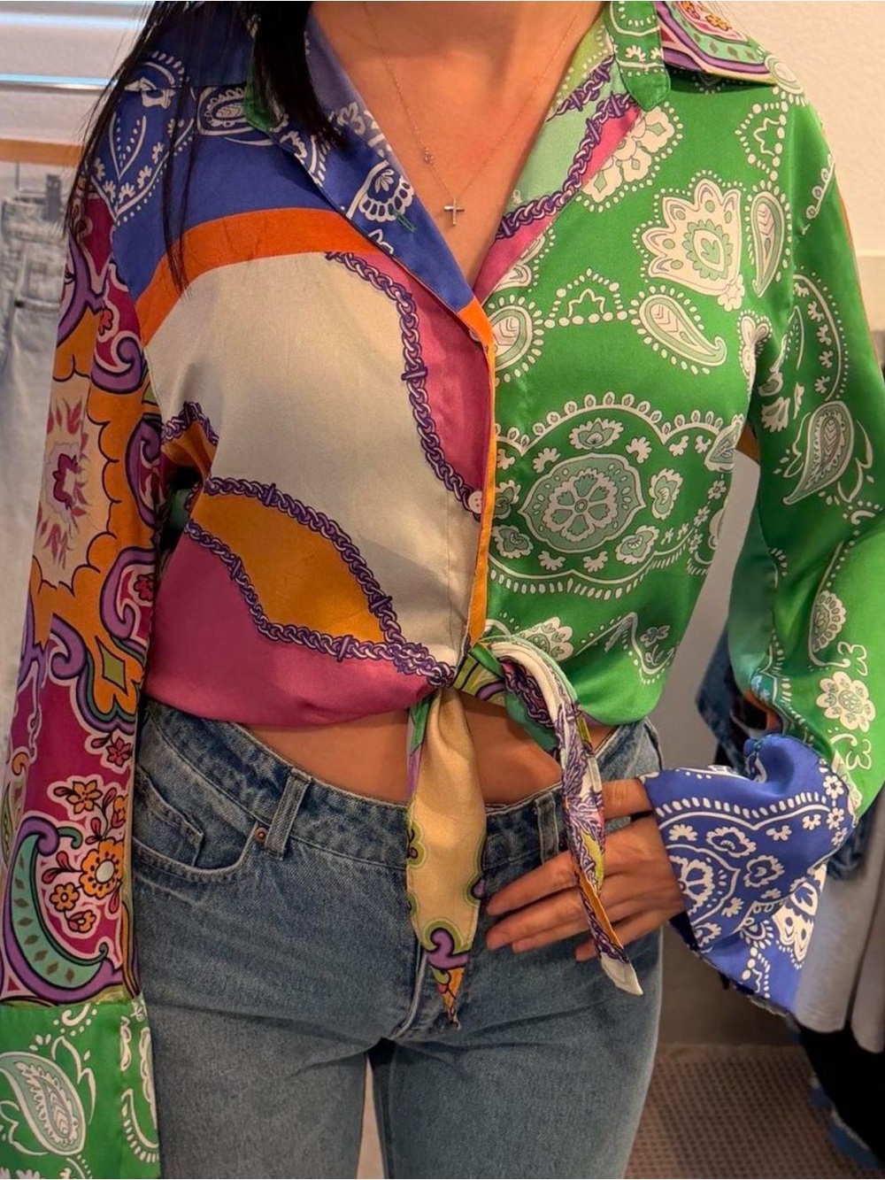 Multicolor Paisley Tie-Front Satin Blouse